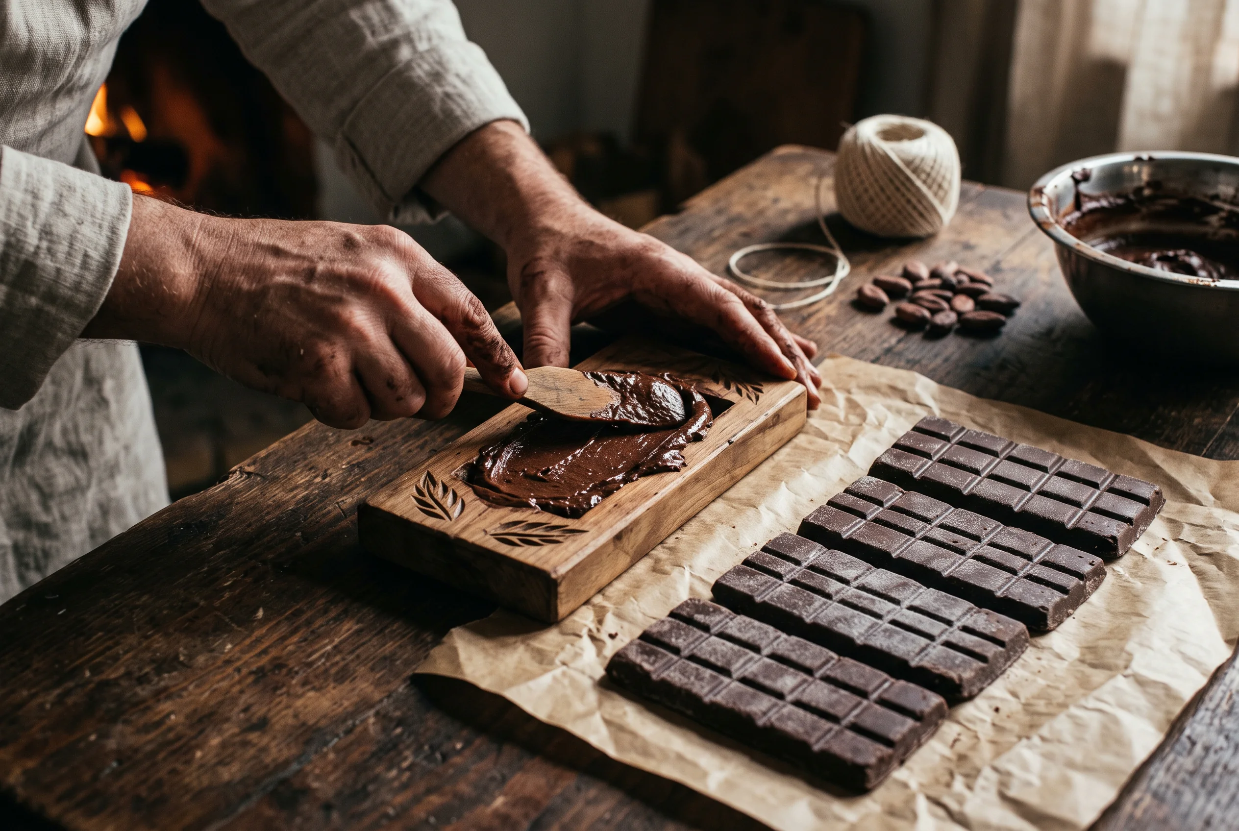 Manos extendiendo la pasta de chocolate en un molde de madera tallada, junto a tablillas recién desmoldadas sobre papel kraft