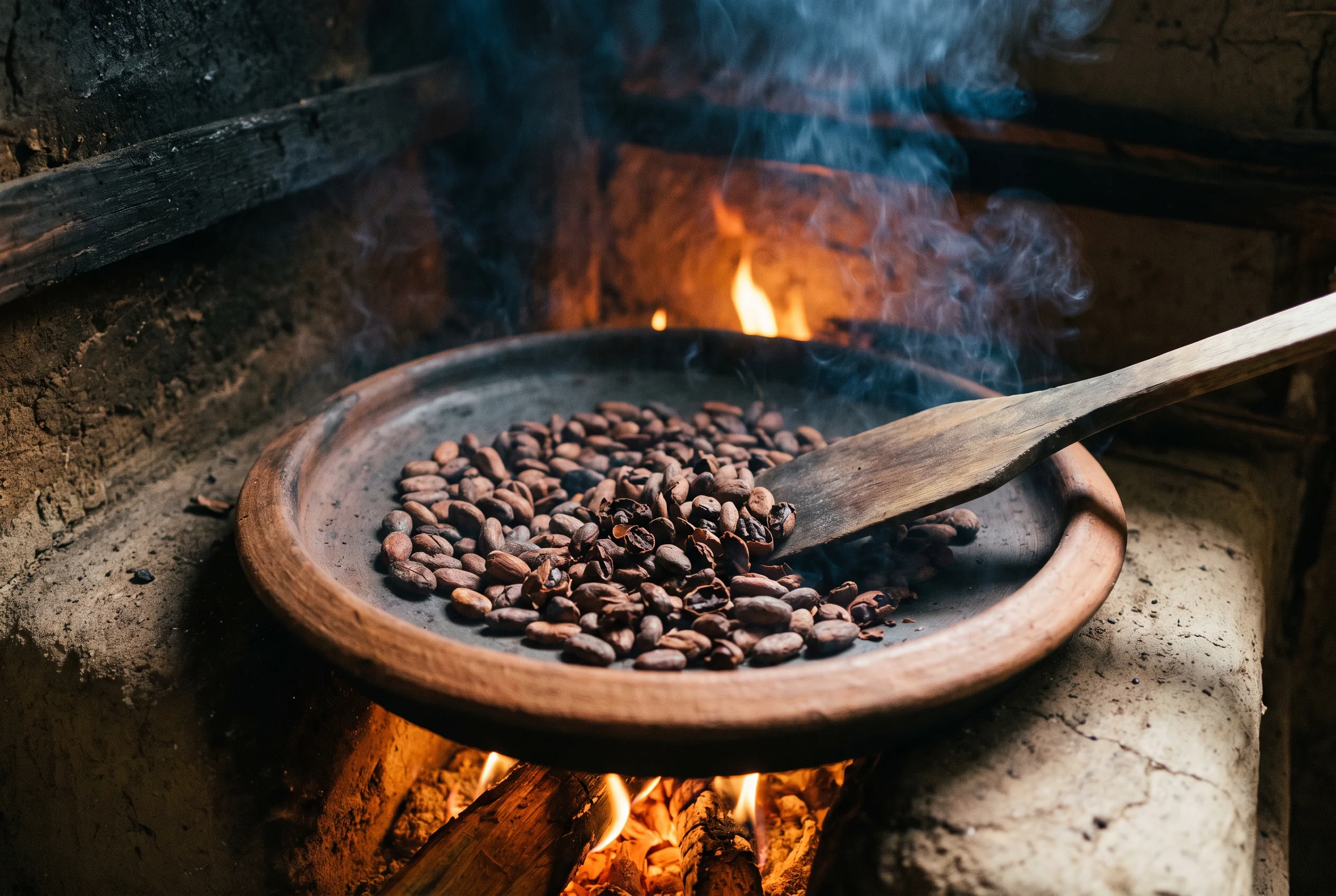 Granos de cacao tostándose en un comal de barro sobre la leña, removidos con una pala de madera entre el humo