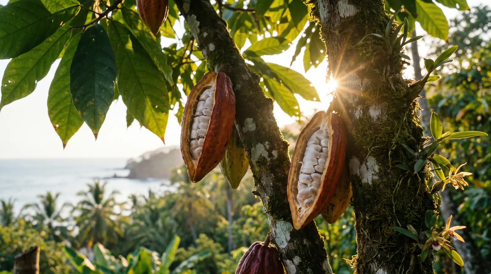 Mazorcas de cacao abiertas en el árbol, con la luz dorada del atardecer y el mar al fondo