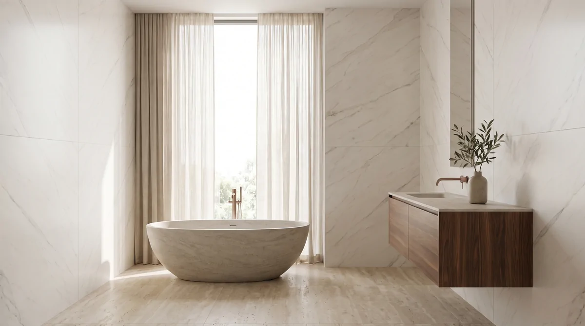 Baño principal con muros de porcelanato efecto mármol blanco en gran formato, tina exenta de piedra y mueble de nogal