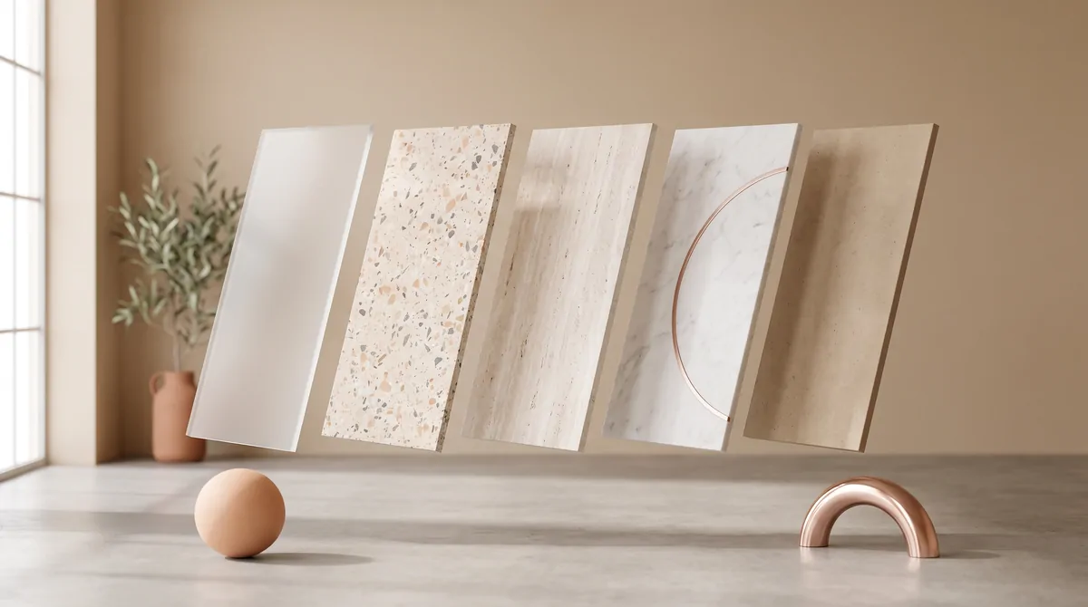 Cinco placas de porcelanato suspendidas en un estudio beige: vidrio esmerilado, terrazo, travertino, mármol blanco con incrustación de oro rosa y piedra arena