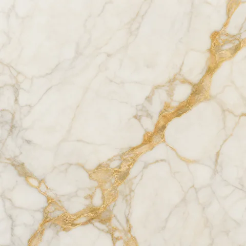 Muestra de porcelanato efecto mármol Calacatta, blanco con veta dorada