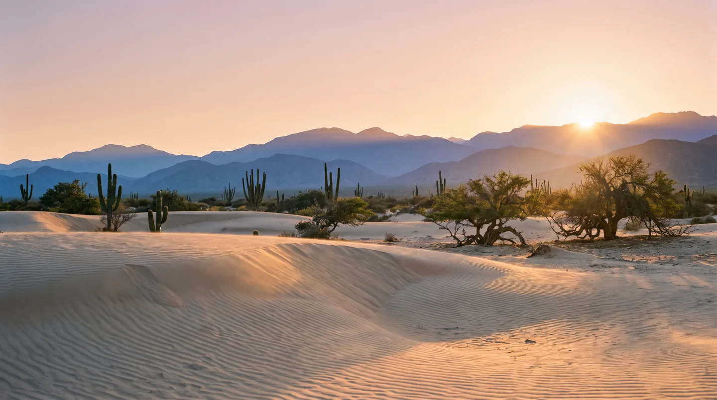 Dunas y cardones frente a la Sierra de la Laguna, con el sol bajando sobre la sierra