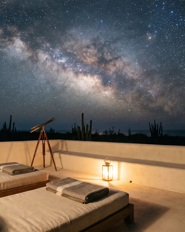 La Vía Láctea sobre la azotea, con camastros y un telescopio