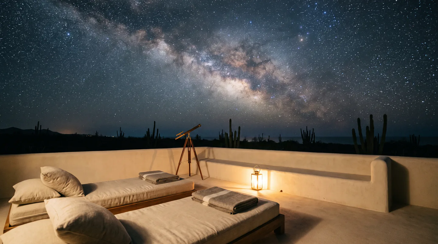 La Vía Láctea sobre la azotea de Casa Duna, con camastros, mantas y un telescopio