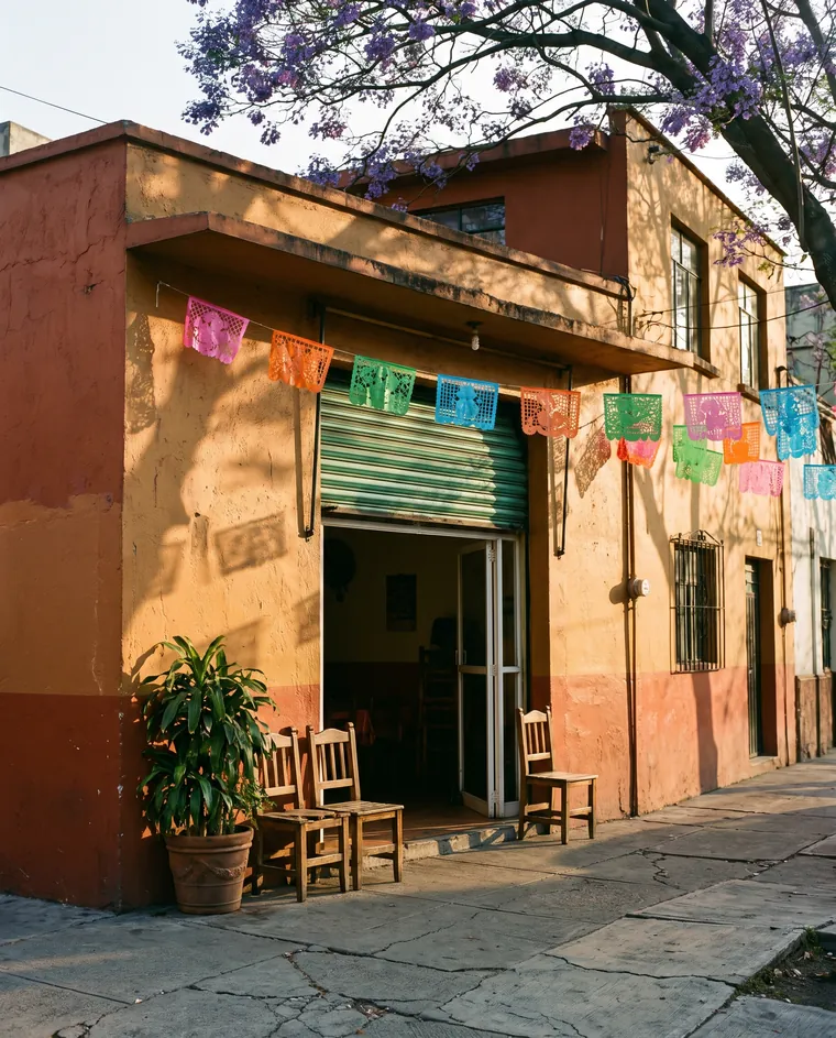 La entrada del restaurante en la tarde: muro terracota y ocre, puerta abierta, una planta en maceta de barro y sillas de madera sobre la banqueta.