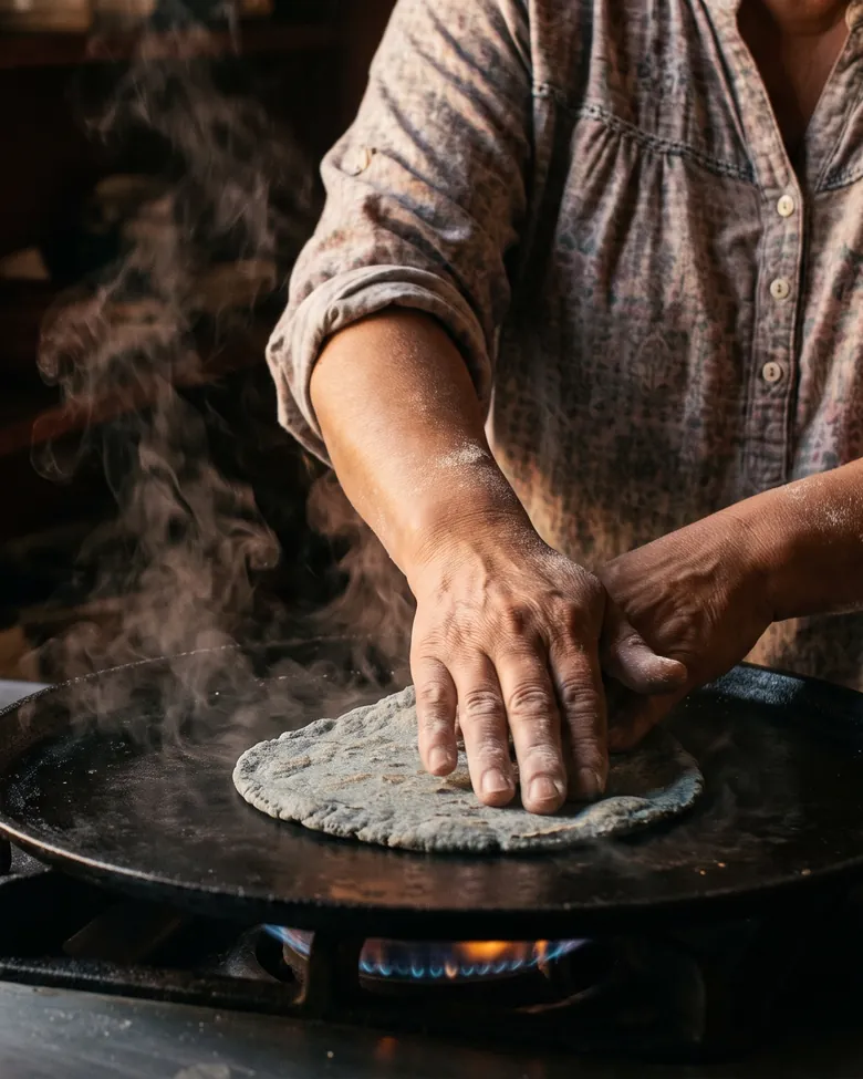 Unas manos palmean una tortilla azul sobre el comal negro, con vapor.