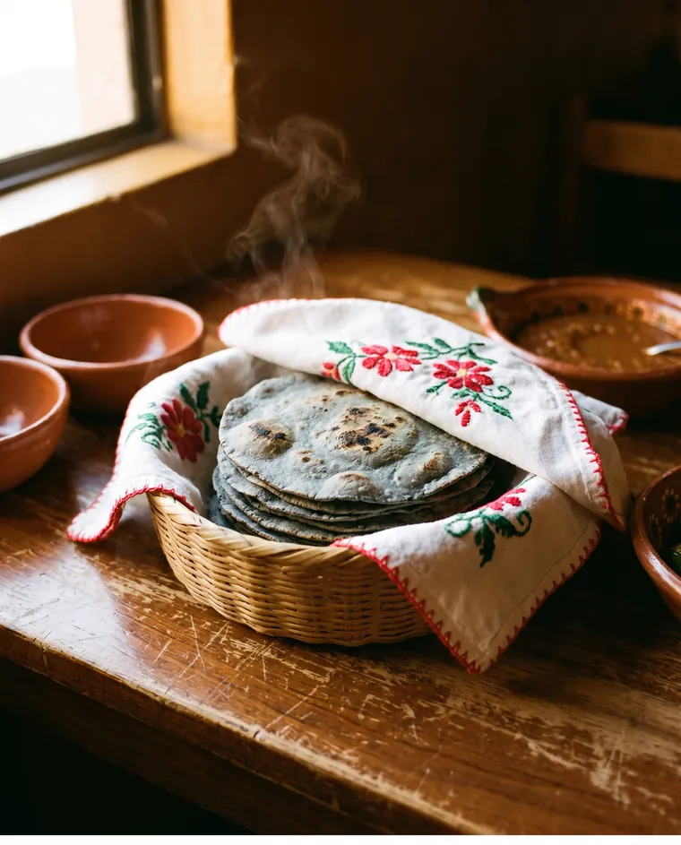 Tortillas azules recién hechas en un tenate con servilleta bordada de flores.
