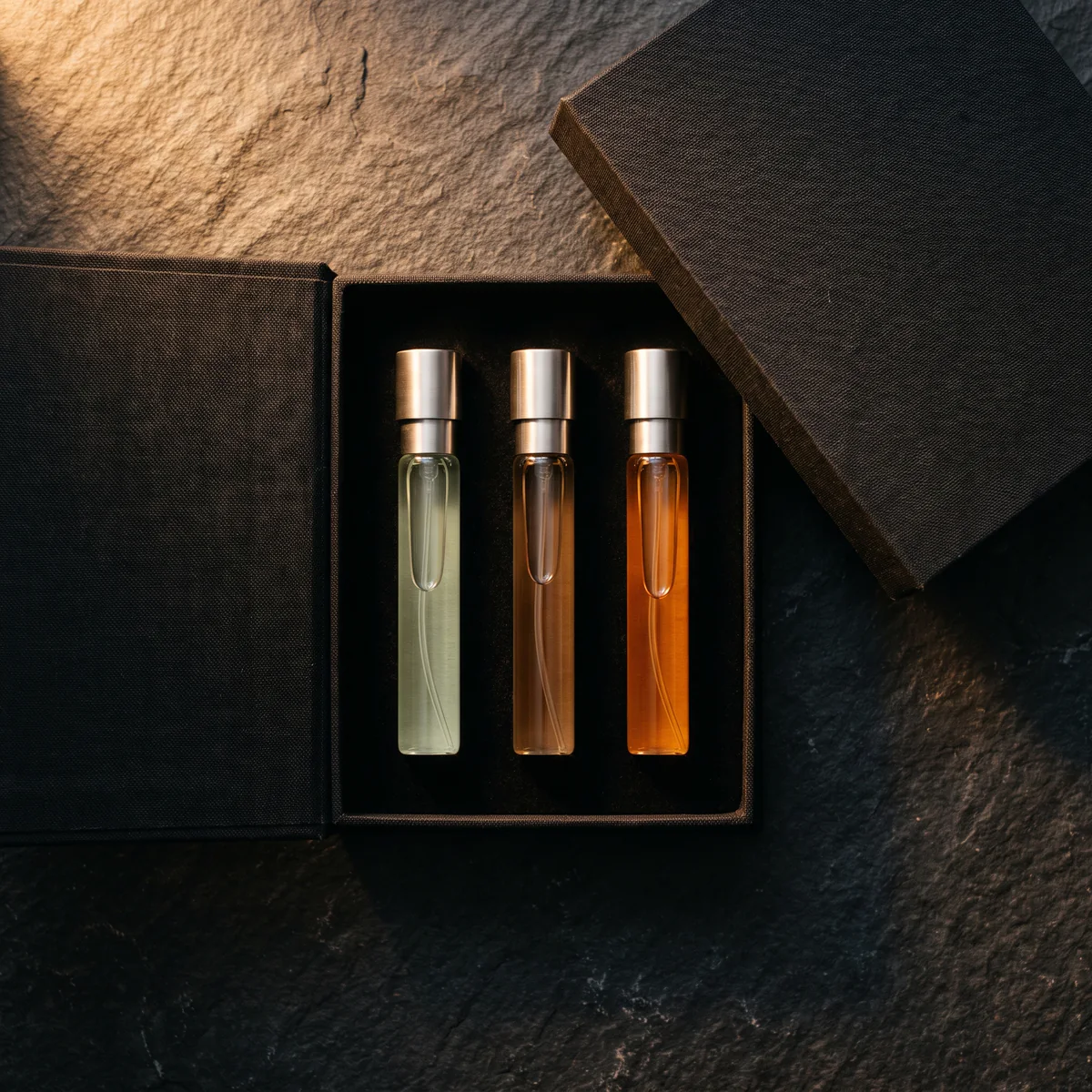 Set de descubrimiento: tres frascos de 10 ml en una caja de lino negro, sobre piedra