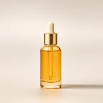 Frasco gotero de vidrio ámbar claro con sérum naranja y aro dorado