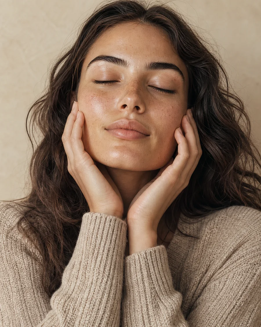Mujer con los ojos cerrados y las manos sobre las mejillas, con suéter de punto, en un estudio de tono beige cálido