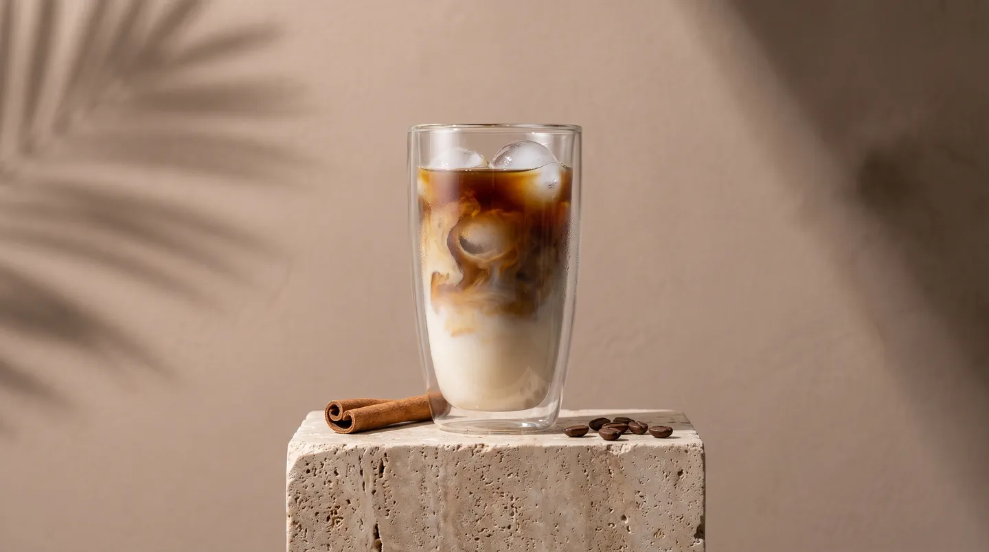 Cold brew de horchata en vaso de cristal de doble pared sobre un bloque de travertino, con canela y granos de café bajo sombras de palmera