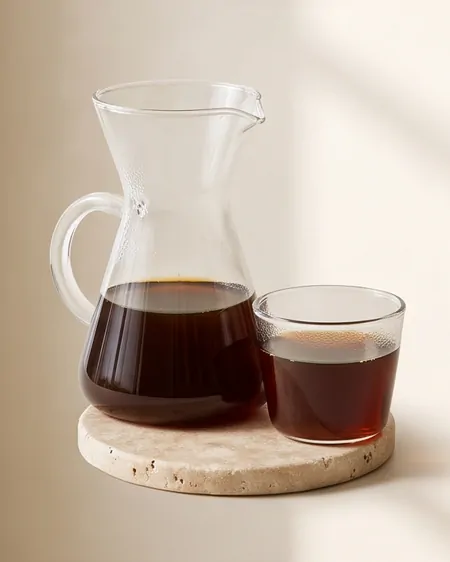 Café filtrado en jarra de cristal con vaso pequeño