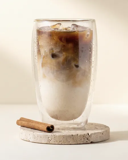 Cold brew de horchata en vaso de doble pared con raja de canela, sobre posavasos de travertino