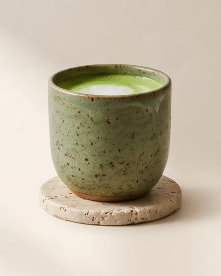 Matcha latte en taza de cerámica verde moteada