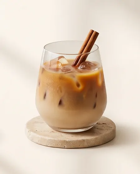 Café de olla frío con raja de canela en vaso de cristal sin tallo