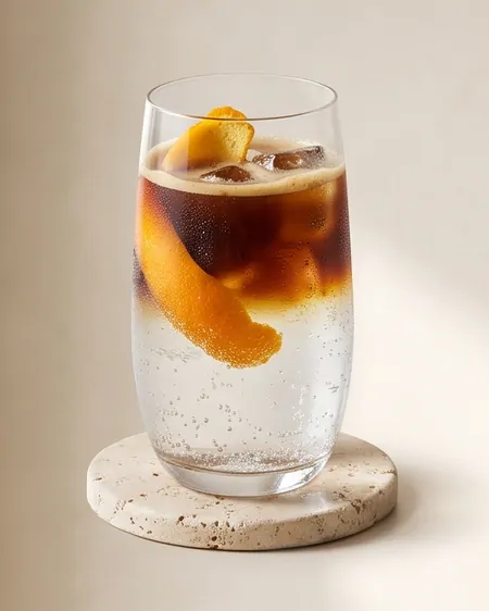 Espresso tonic en vaso alto de cristal con piel de naranja, sobre posavasos de travertino